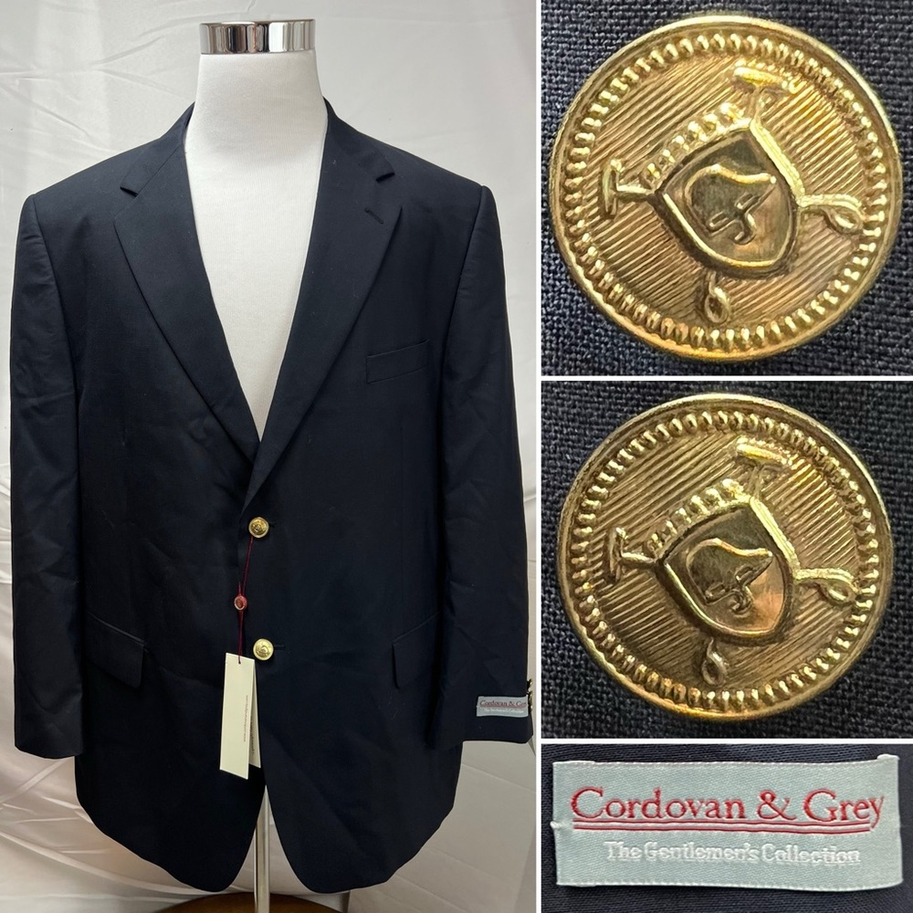 Cordovan & Grey NWT Men's 48R Navy Blue Gold 2-Button Blazer Jacket Sport Coat